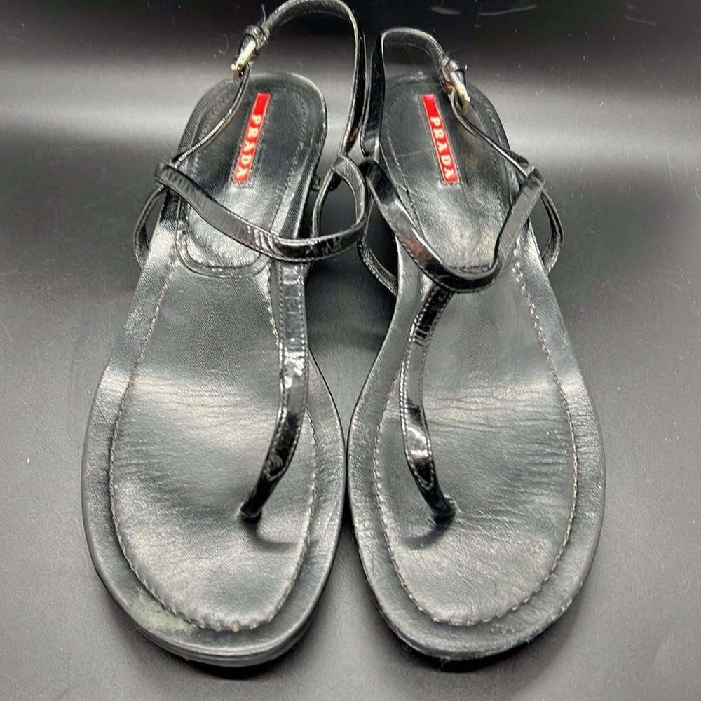 Prada Sport Black Patent Leather T-Strap Sandals size 8.5 - Picture 2 of 16